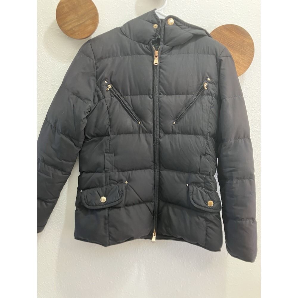 Ralph Lauren Down Black Puffer Jacket Sz‎ Small Hooded Women's Coat Missing Belt